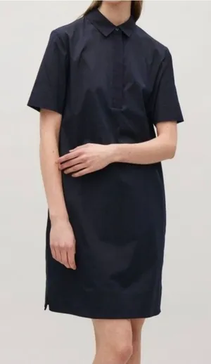 COS Shirt Dress Navy Blue Short Sleeve Hidden Button Textured Collar Size 6 thumbnail 1