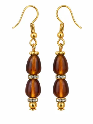 Artisan Dangle Earrings Amber Brown Beaded Gold Tone 1.75” Handcrafted NEW thumbnail 2