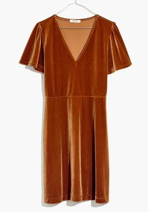 Madewell Velvet V-Neck Flutter-Sleeve Dress Golden Pecan Size XXL thumbnail 1