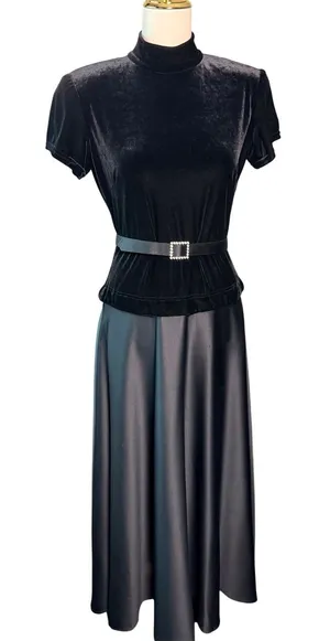 Vintage 80s Bari Jay Black Velvet Satin Belted Peplum Midi Cocktail Dress 9/10 thumbnail 1