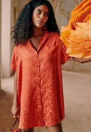 Sézane Rust-Orange Satin Button-Down Short Sleeve Shirt Dress thumbnail 1