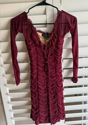 MAJORELLE Burgundy Ruched Lace-Up Long Sleeve Dress thumbnail 1