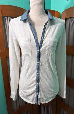 LOFT White Button-Down Shirt with Blue Chambray Trim thumbnail 1