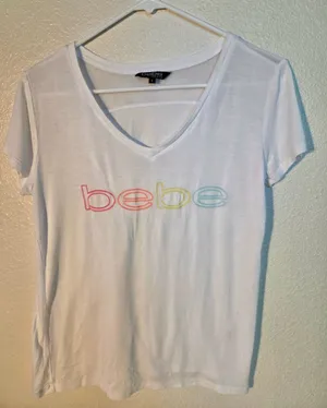 bebe sport Women’s Rainbow Logo V-Neck Mesh Yoke T-Shirt White Size S W-179 thumbnail 1