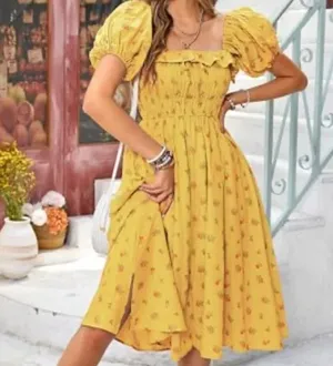 R.Vivimos Floral A-Line Print Puff Sleeve Dress Cottagecore Midi thumbnail 1