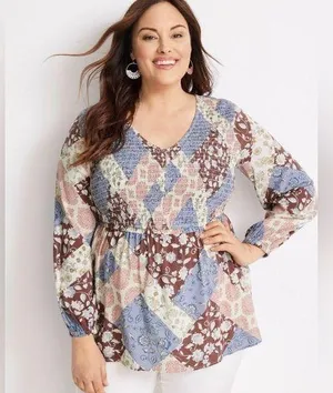 Maurice’s plus long sleeve boho patchwork smocked peplum top size 1X thumbnail 1