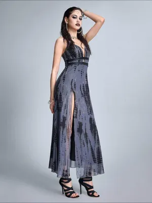 Sleek Gray Grunge Goth Plunge Maxi Dress with High Slit New thumbnail 4
