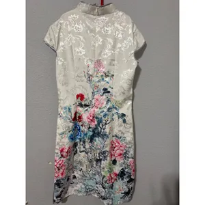 Jin He White Floral Satin Qipao Cheongsam Dress Size S Mandarin Collar Asian thumbnail 3