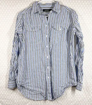 Ralph Lauren‎ Black Label Women Top Sz S Blue White Striped Linen Button Up thumbnail 1