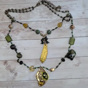 Vintage Necklace Gold Tone & Green Very Long Double Strand Statement thumbnail 1