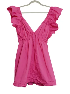 Showpo‎ Mini Dress US 10 Hot Pink Ruffle Sleeve V-Neck Tie Back Cotton Party Fun thumbnail 1