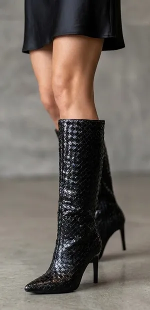 INC International Concepts Size-10M Black Woven High Stiletto Boots Pointed Toe thumbnail 1