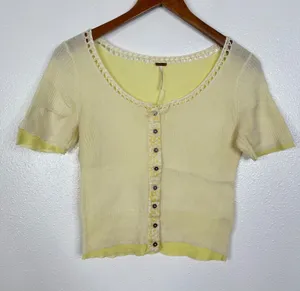 Free People Womens Pale Yellow Crochet Trim Short Sleeve Button Front Cardigan S thumbnail 1