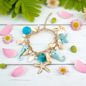 Ocean-Themed Charm Bracelet‎ with Blue and Gold Color Accents thumbnail 4
