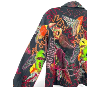 CHICO'S M embroidered applique denim button-up jacket blazer Mixed Media Art thumbnail 6