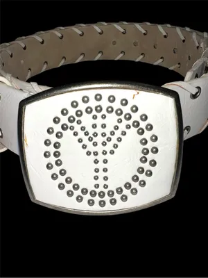 Groovy 70’s off white faux leather belt with awesome metal peace sign buckle! thumbnail 5