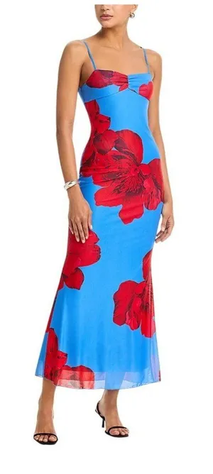 NWT Aqua Womens Floral Mesh Maxi Dress DI11619BL Blue / Red XS thumbnail 1