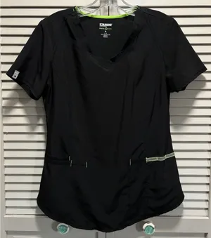 Scrubstar Scrub Top Size Small V Neck Pockets Black/Neon Green‎ Medical Nurse thumbnail 1