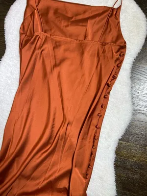 Shein Burnt Orange Satin Cowl Neck Maxi Dress Side Slit Covered Buttons Large thumbnail 6