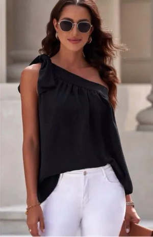 NEW Black Asymmetric One Shoulder Tied with Bow Sash Pleated Blouse L thumbnail 11