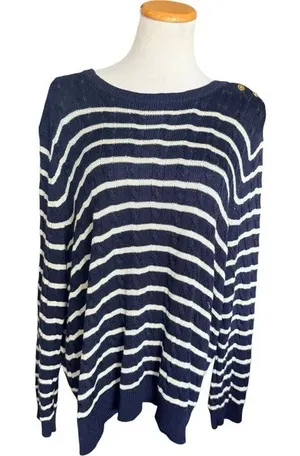 Womens Lauren Ralph Lauren Navy Blue Boatneck Gold Button Nautical Sweater 3X thumbnail 1