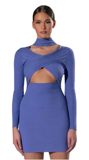 AKIRA - The Good One Cutout Cross Front Ribbed Sweater Mini Dress Purple Sz M thumbnail 1