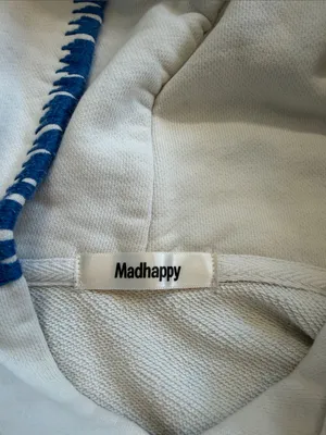 Madhappy Medium Cream Heavy Hoodie with Blue stitching and screen printed logo thumbnail 2