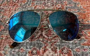 Silver Metal Aviator Sunglasses with Blue Tinted Reflective Mirror Lenses thumbnail 1