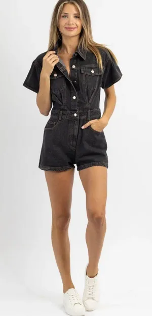 Vintage Black Denim Button Romper thumbnail 1