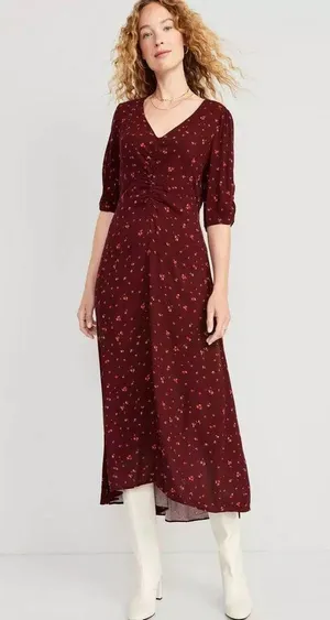 Old Navy Burgundy Puff-Sleeve V-Neck Midi Dress NWT NEW Large Burgundy Floral thumbnail 1
