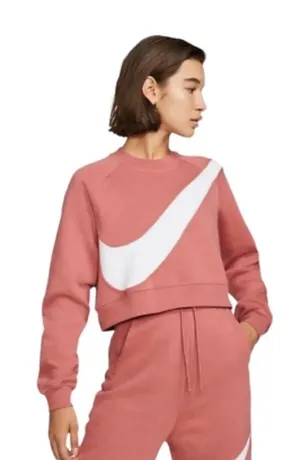 {NIKE} Women’s Coral Pink Cropped Big Swoosh Pullover Sweatshirt - Small thumbnail 1