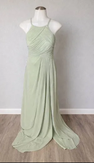 Azazie Ginger Agave A-Line Halter Pleated Chiffon Dress Size XS thumbnail 1