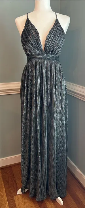 Plunging Metallic Charcoal Maxi Dress with Waistband small thumbnail 1