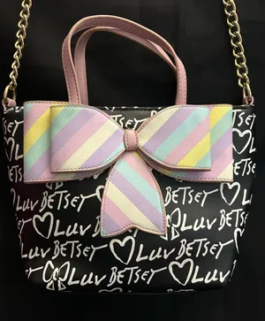 Betsey Johnson Graffiti Print Black Shoulder Bag With Pastel Striped Bow thumbnail 1