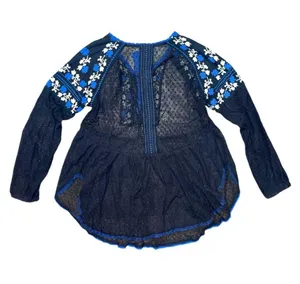 Free People transparent black blue embroidered tassel blouse women’s size XS thumbnail 2