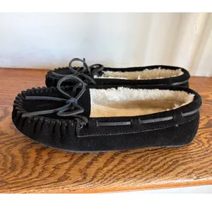 Minnetonka Cally Black Suede Moccasin Slippers Faux Fur‎ Lined 5M thumbnail 6