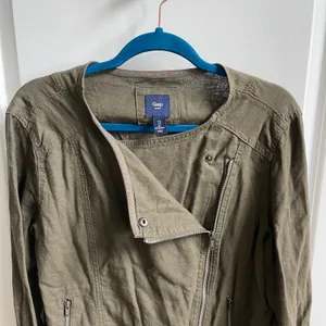 Gap Linen Blend Moto Jacket Womens Large Olive‎ Green Utility Asymmetrical Zip thumbnail 3