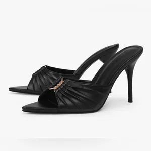 NEW Mules Heeled Sandals Vegan Leather High 3.5in Heels Pointed Peep Toe 7 thumbnail 7