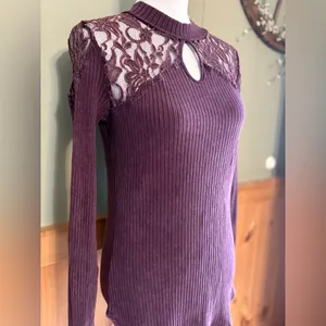 Free People Lace Keyhole Burgundy Acid Wash Ribbed Long Sleeve Top Size Large thumbnail 2