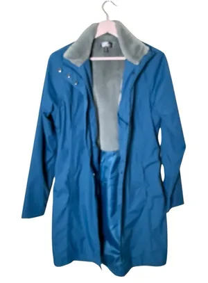 Orb Brand nylon rain‎ jacket snap zip utility faux fur lining blue gray thumbnail 1