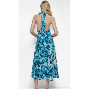 NWT DKNY Indigo Floral Halter Maxi Dress Blue Aqua Size 10 thumbnail 2