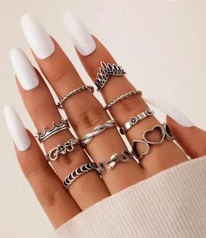Set of 10 rings, snake, flower, heart, braid, crown, silver thumbnail 1