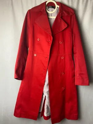 Zara Vibrant Red Double-Breasted classic preppy tailored Trench Coat L thumbnail 1