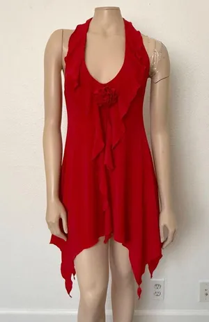 [White Fox] Red Y2K Ruffle Halter Neck Asymmetrical Hem Mini Dress Size Large L thumbnail 6