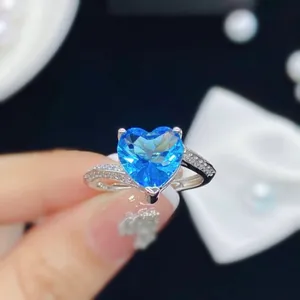 18K White Gold Plated Birthstone Blue Crystal Sapphire Love Heart Ring for Women thumbnail 4