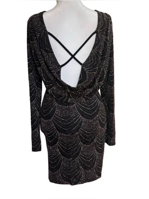 Privy Black Glitter Open Back Bodycon Mini Dress Long Sleeve Party Cocktail M thumbnail 4