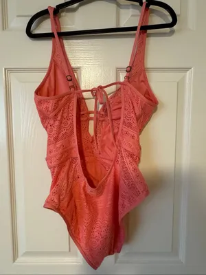 BECCA Rebecca Virtue Reveal Crochet Plunge One Piece Swimsuit Coral L thumbnail 5