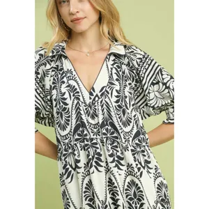 Umgee Two tone Border Print Midi Dress - Cream - Small thumbnail 5