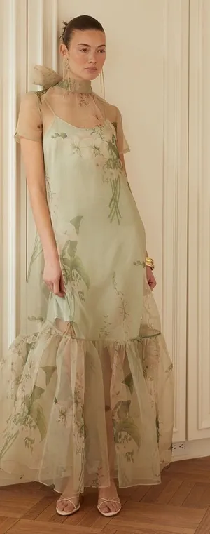 CAARA Melody Size M Green Floral Tie Neck Ruffle Hem Gown Dress Few Moda thumbnail 1