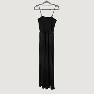 Blue Buttercup Black Smocked Satin Maxi Jumpsuit Wide‎ Leg Spaghetti Strap USA thumbnail 2